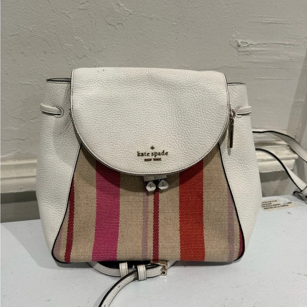 Kate Spade White Backpack with Pink/Red/Orange Stripes - Picture 1 of 8